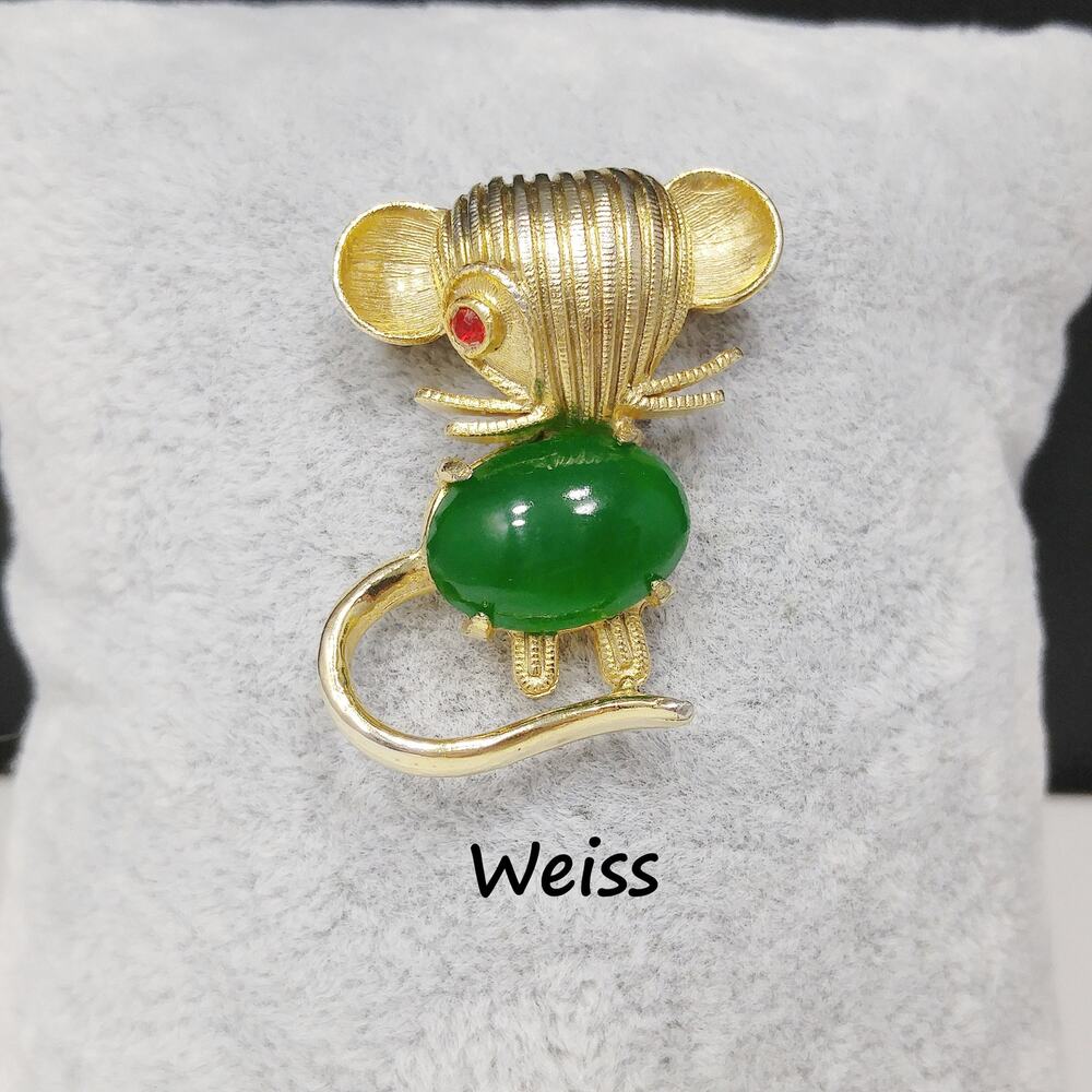 Weiss Figural Mouse Brooch with Red Rhinestone Eye and Green Lucite Belly
